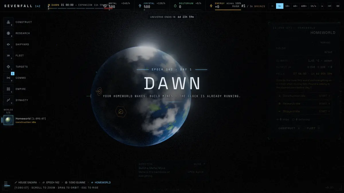 In-game: a homeworld at dawn under the title EPOCH 142, DAY 1, DAWN. The top bar shows 500 metal and 500 crystal.