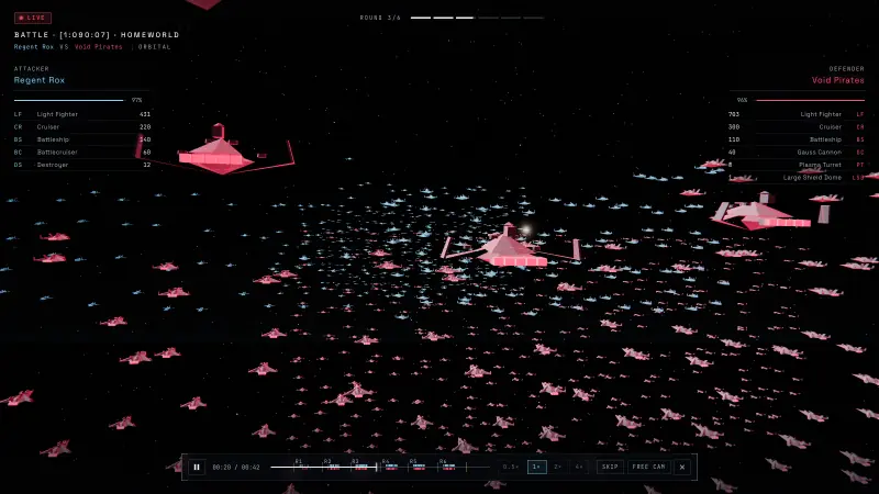 In-game: round 3 of a battle, pirate battleships among hundreds of fighters.
