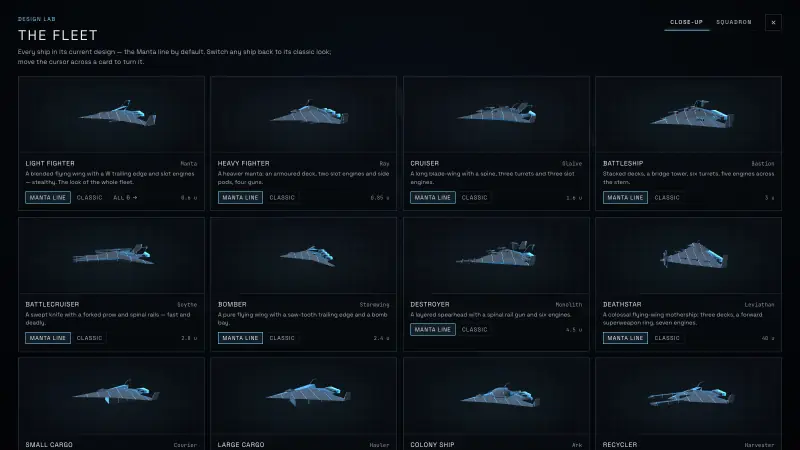 In-game: the Design Lab, a grid of Manta-line ships from the Light Fighter to the Deathstar.